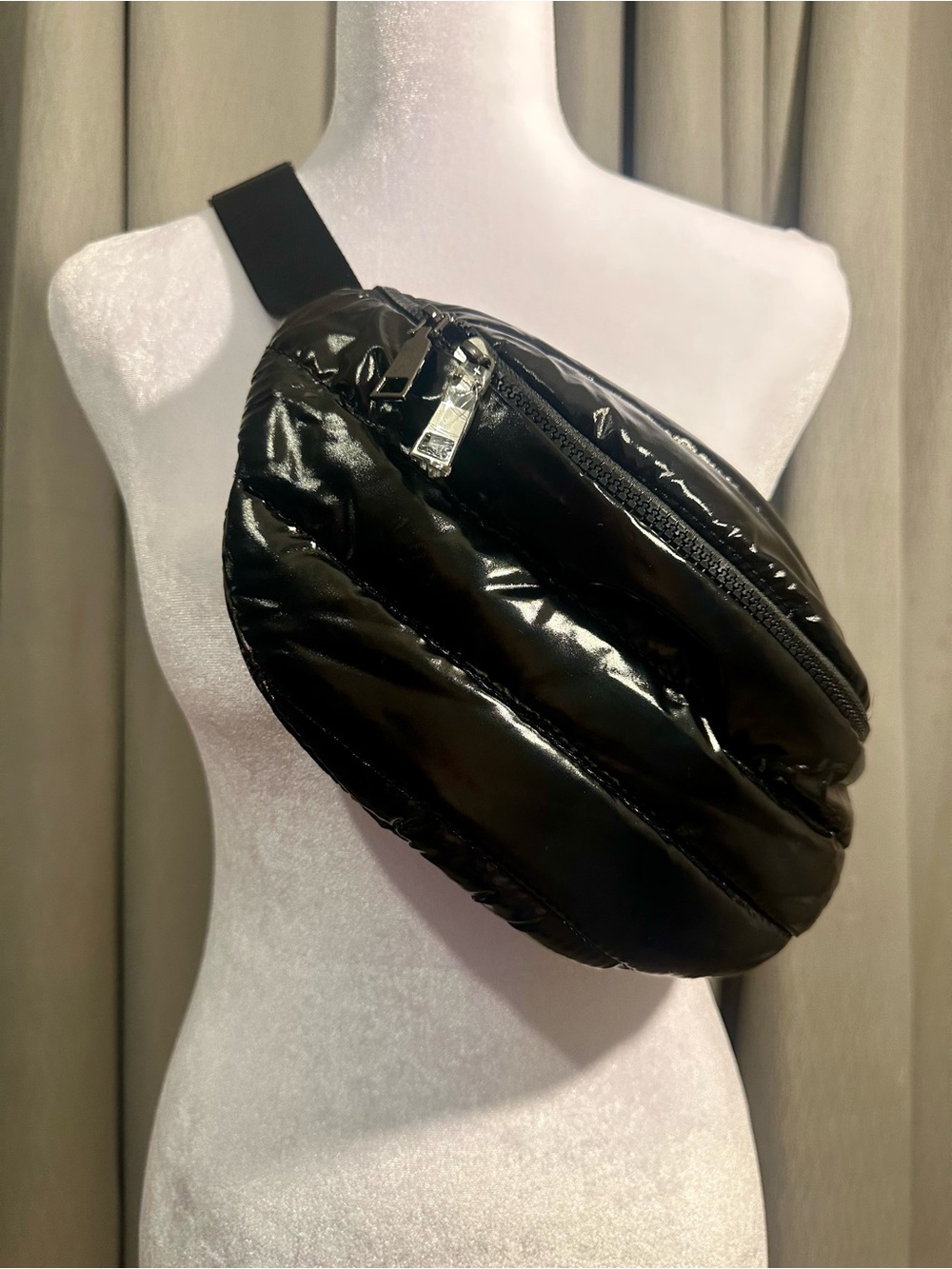 AHDORNED Ahdorned Rachel Liquid Puffy Nylon Sling Bag in shiny liquid black